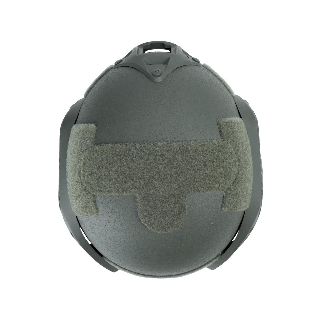 Top view of a olive green colour military MICH 2000 tactical helmet with rail on a white background