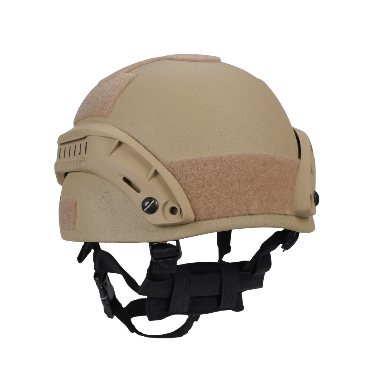 Back angle view of tan colour Military MICH 2000 tactical helmet with rail and black straps on a white background
