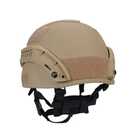 Thumbnail for Back angle view of tan colour Military MICH 2000 tactical helmet with rail and black straps on a white background