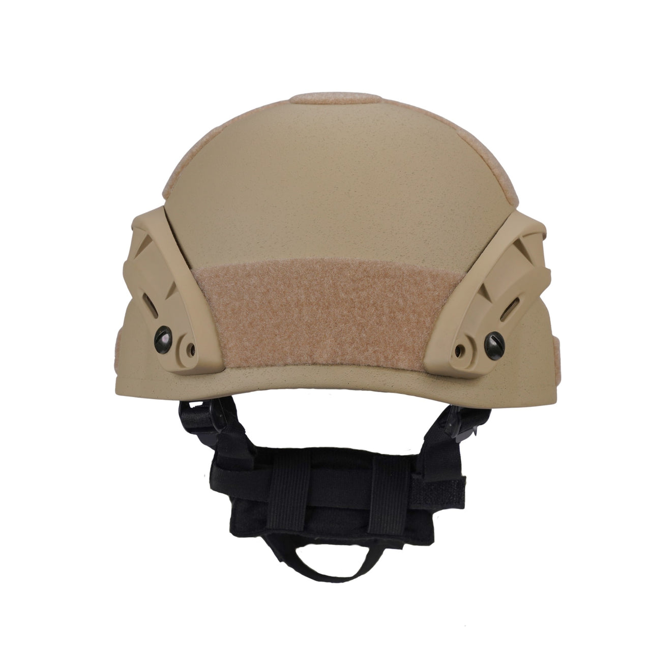 Back view of tan colour military MICH 2000 tactical helmet with rail and black straps on a white background