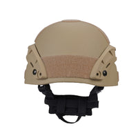 Thumbnail for Back view of tan colour military MICH 2000 tactical helmet with rail and black straps on a white background
