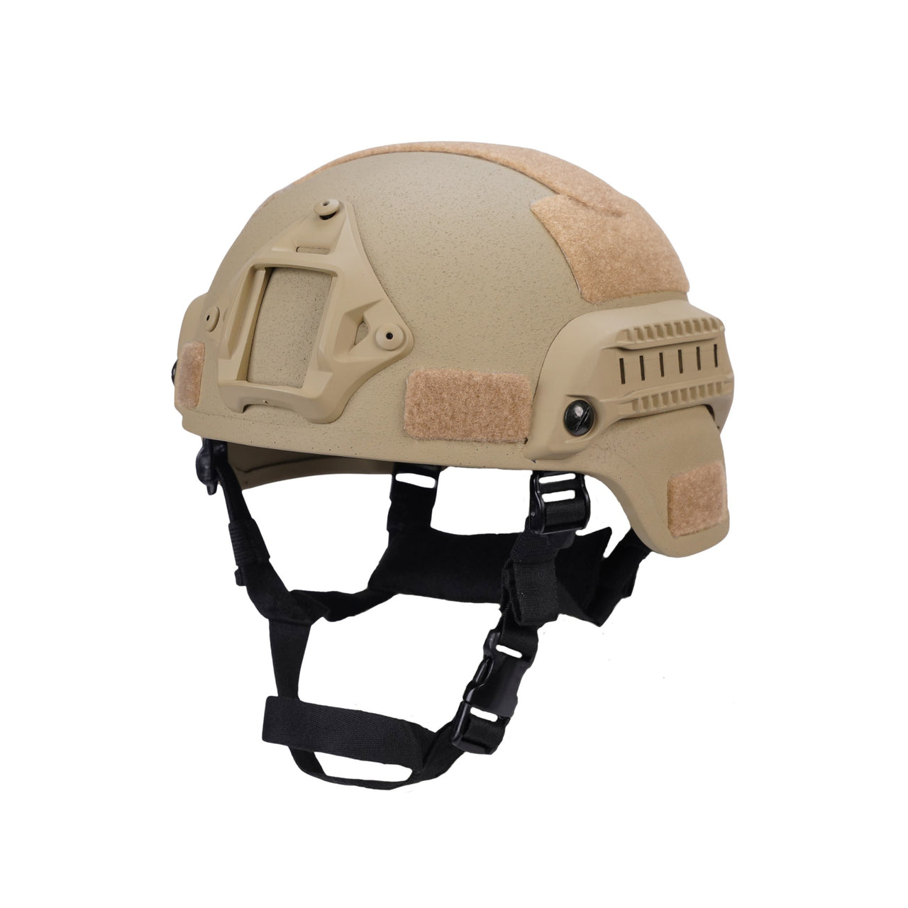 Tan colour tactical MICH 2000 helmet with rails and black straps on a white background