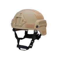 Thumbnail for Tan colour tactical MICH 2000 helmet with rails and black straps on a white background