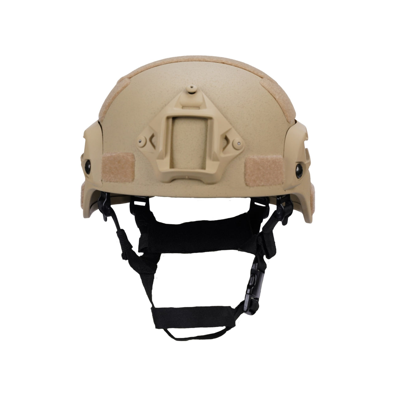 Front view of tan colour military MICH 2000 tactical helmet with rail and black straps on a white background