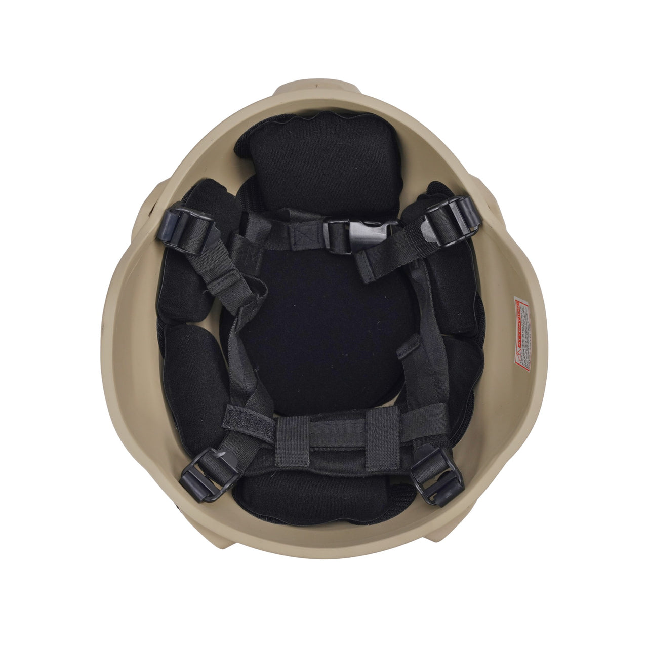Inside view of tan colour military MICH 2000 tactical helmet with rail and black interior memory foam padding and straps on a white background