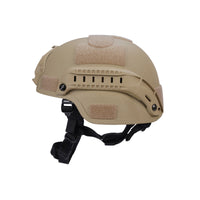 Thumbnail for Side view of tan colour MICH 2000 tactical helmet with rail and black straps on a white background