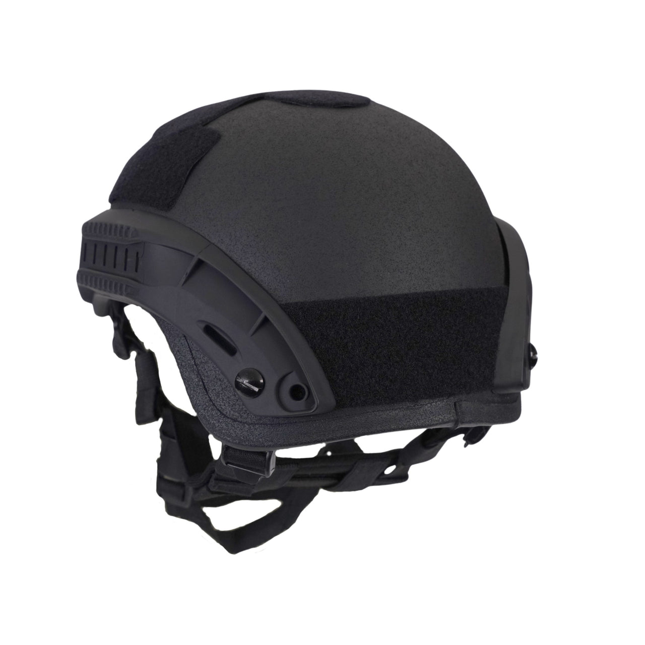 Back angle view of black colour Military MICH 2001 tactical helmet with rail and black straps on a white background