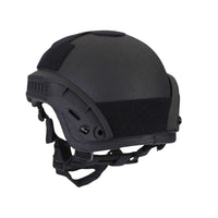 Thumbnail for Back angle view of black colour Military MICH 2001 tactical helmet with rail and black straps on a white background