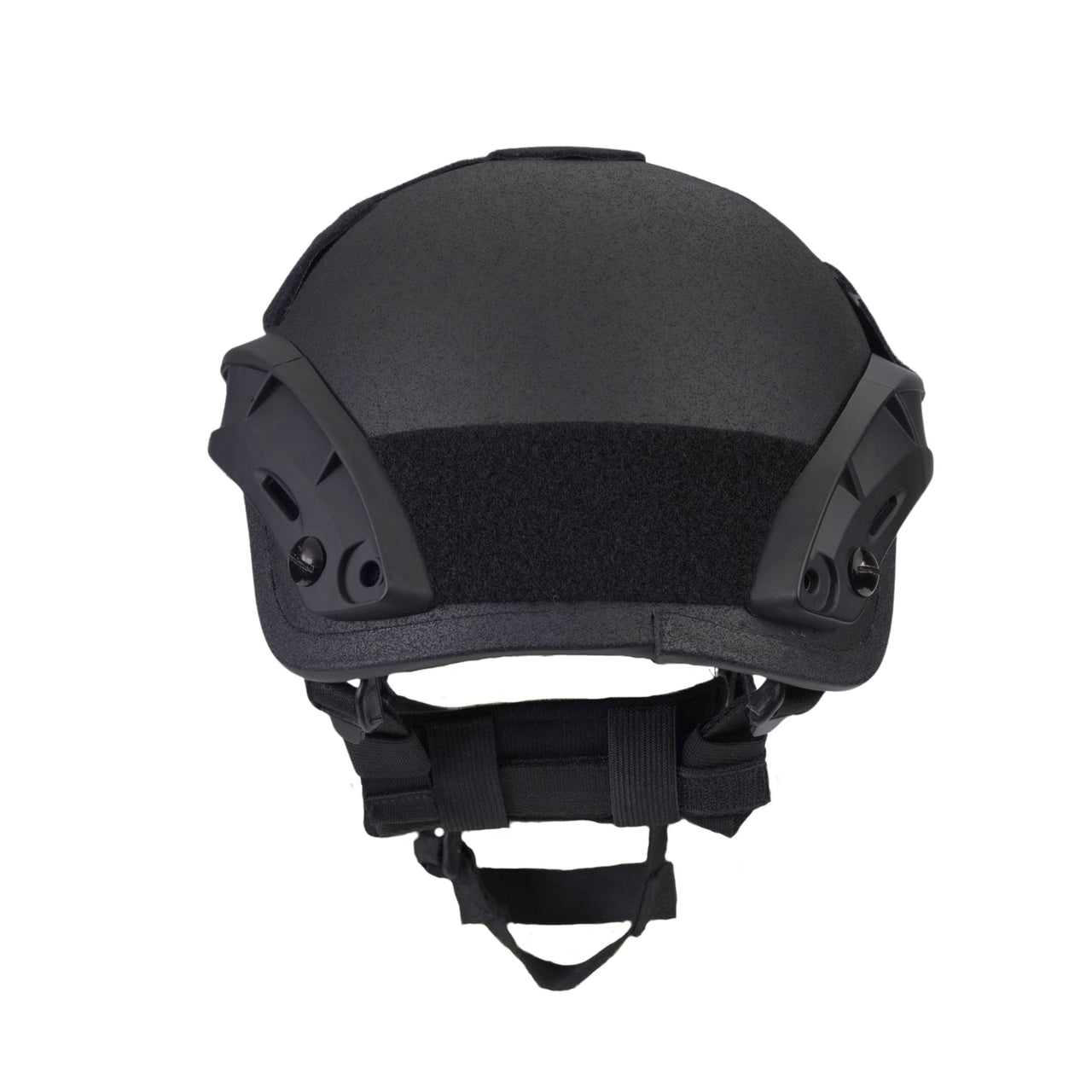 Back view of black colour military MICH 2001 tactical helmet with rail and black straps on a white background