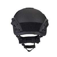 Thumbnail for Back view of black colour military MICH 2001 tactical helmet with rail and black straps on a white background