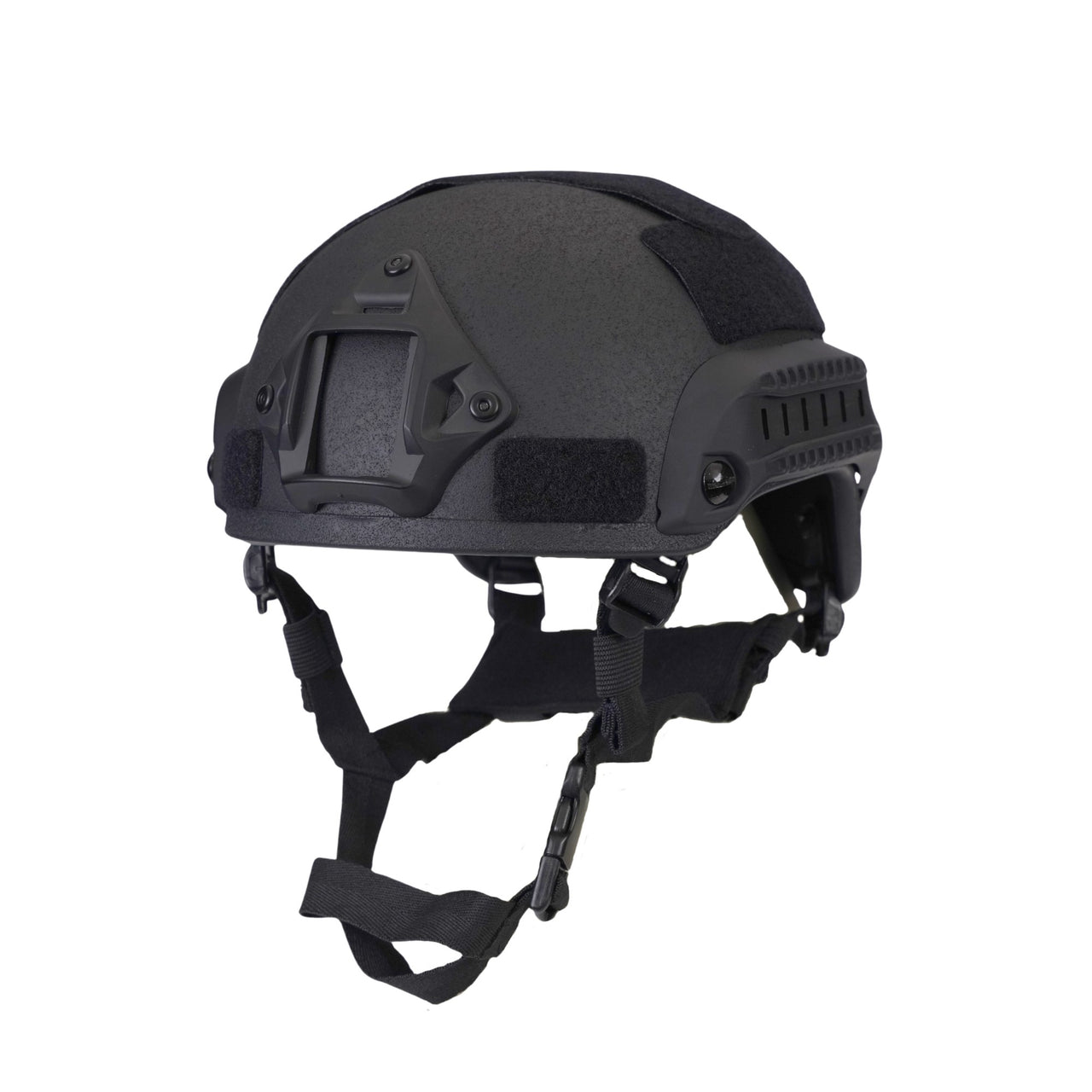 Black colour tactical MICH 2001 helmet with rails and black straps on a white background.