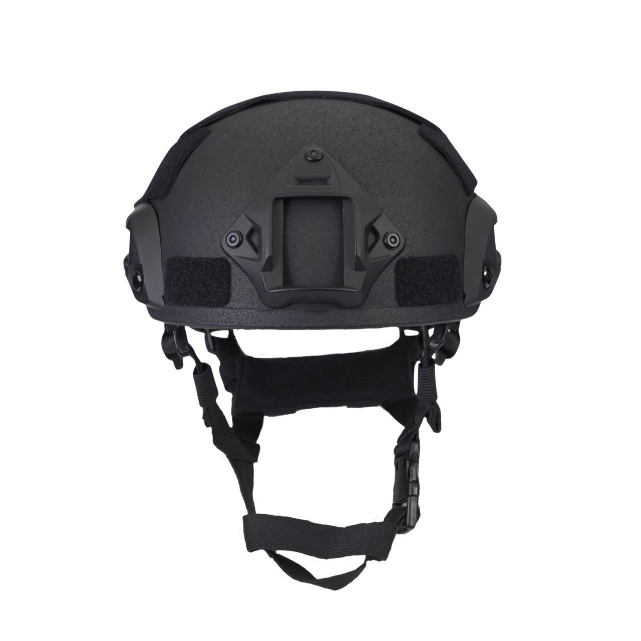 Front view of black colour military MICH 2001 tactical helmet with rail and black straps on a white background