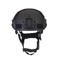Thumbnail for Front view of black colour military MICH 2001 tactical helmet with rail and black straps on a white background