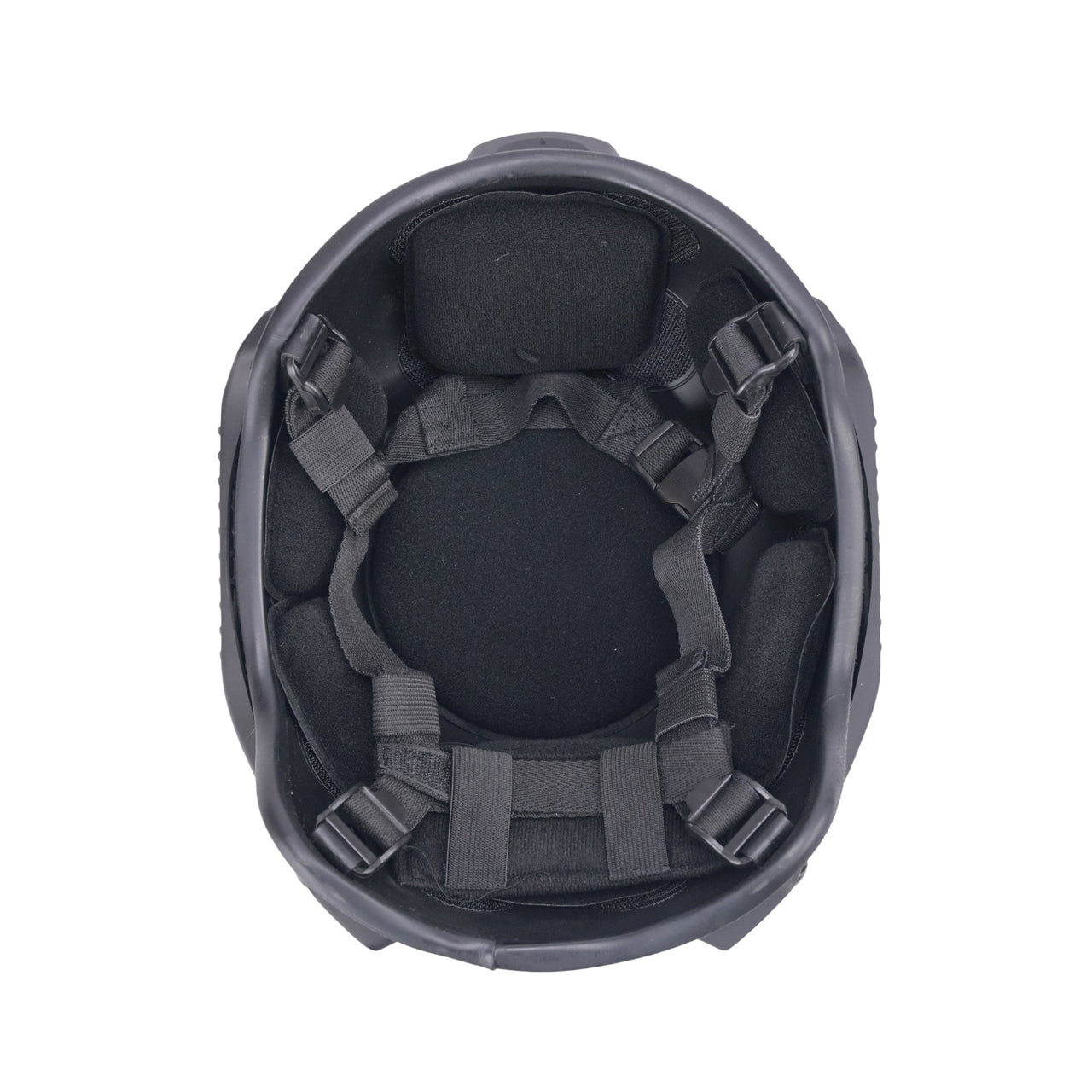 Inside view of black colour military MICH 2001 tactical helmet with rail and black interior memory foam padding and straps on a white background