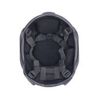 Thumbnail for Inside view of black colour military MICH 2001 tactical helmet with rail and black interior memory foam padding and straps on a white background