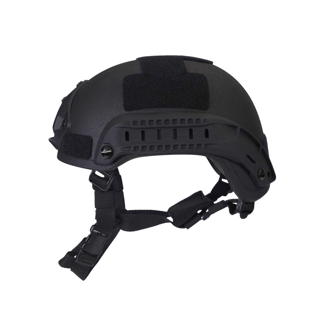 Side view of black colour MICH 2001 tactical helmet with rail and black straps on a white background