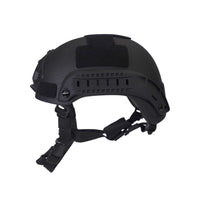 Thumbnail for Side view of black colour MICH 2001 tactical helmet with rail and black straps on a white background