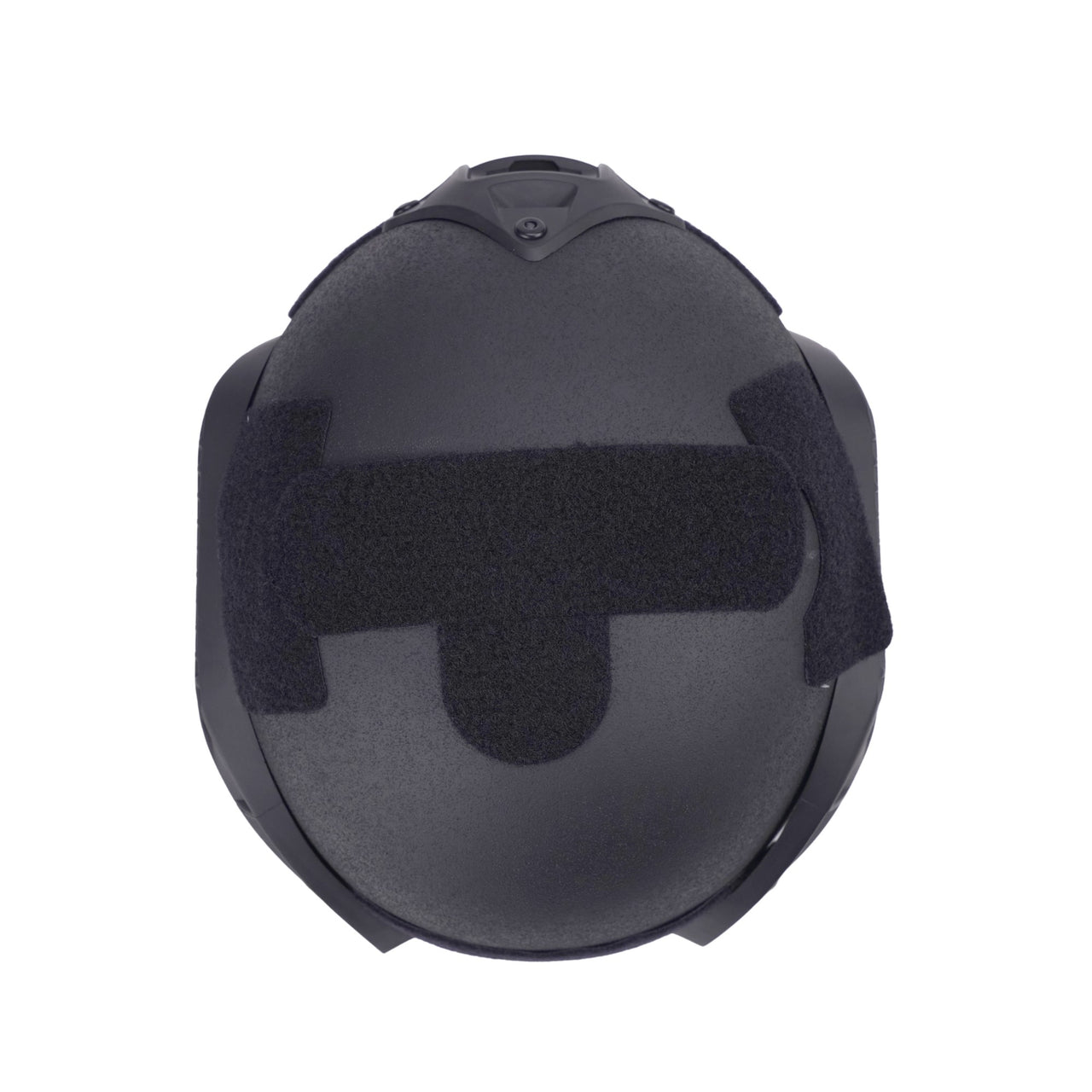 Top view of a black colour military MICH 2001 tactical helmet with rail on a white background