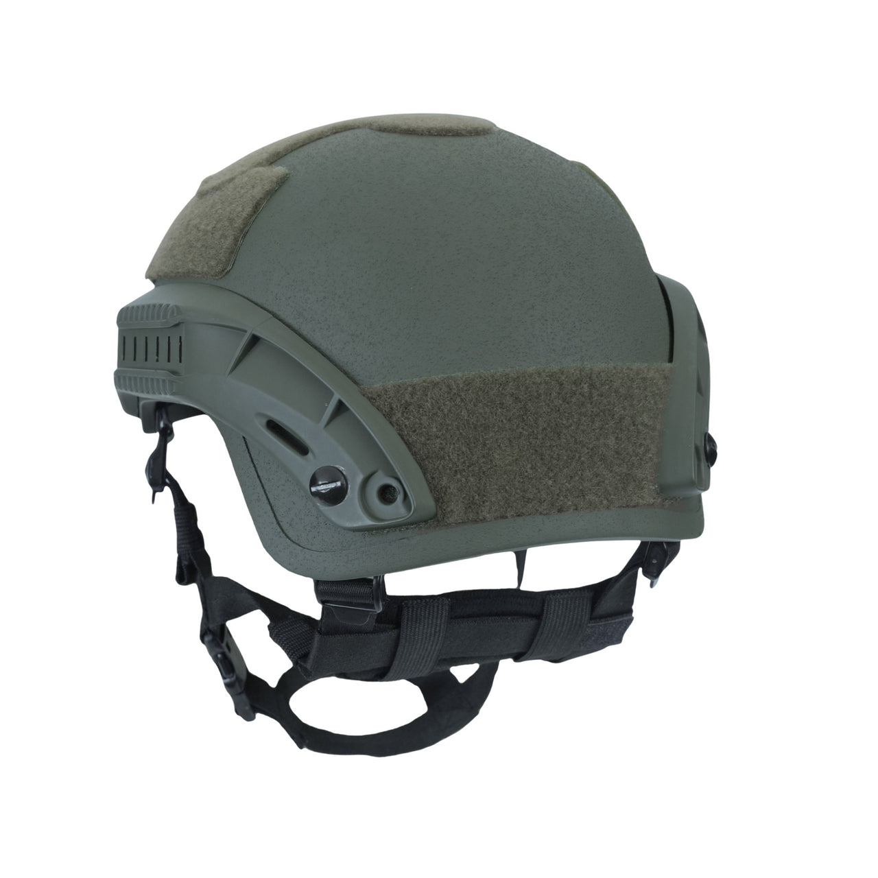 Back angle view of olive green colour Military MICH 2001 tactical helmet with rail and black straps on a white background