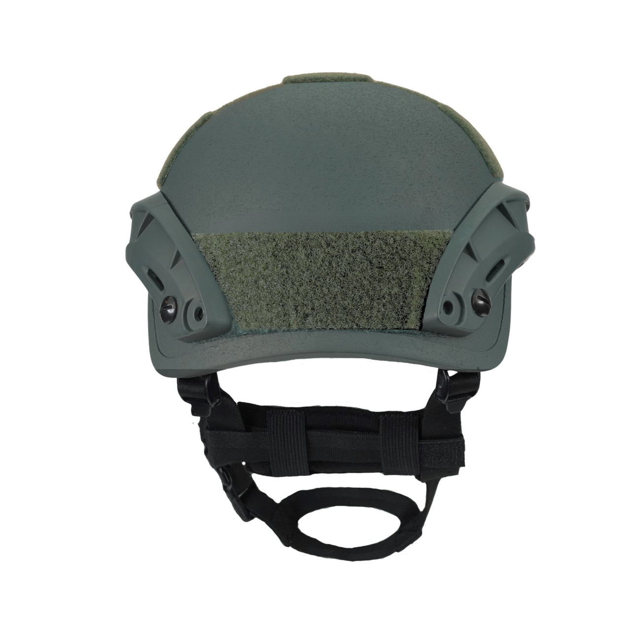 Back view of olive green colour military MICH 2001 tactical helmet with rail and black straps on a white background