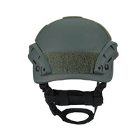 Thumbnail for Back view of olive green colour military MICH 2001 tactical helmet with rail and black straps on a white background