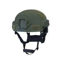 Thumbnail for Olive Green colour tactical MICH 2001 helmet with rails and black straps on a white background