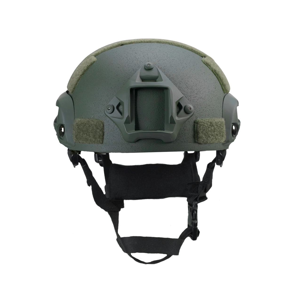 Front view of olive green colour military MICH 2001 tactical helmet with rail and black straps on a white background