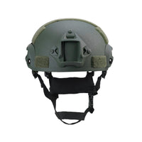 Thumbnail for Front view of olive green colour military MICH 2001 tactical helmet with rail and black straps on a white background