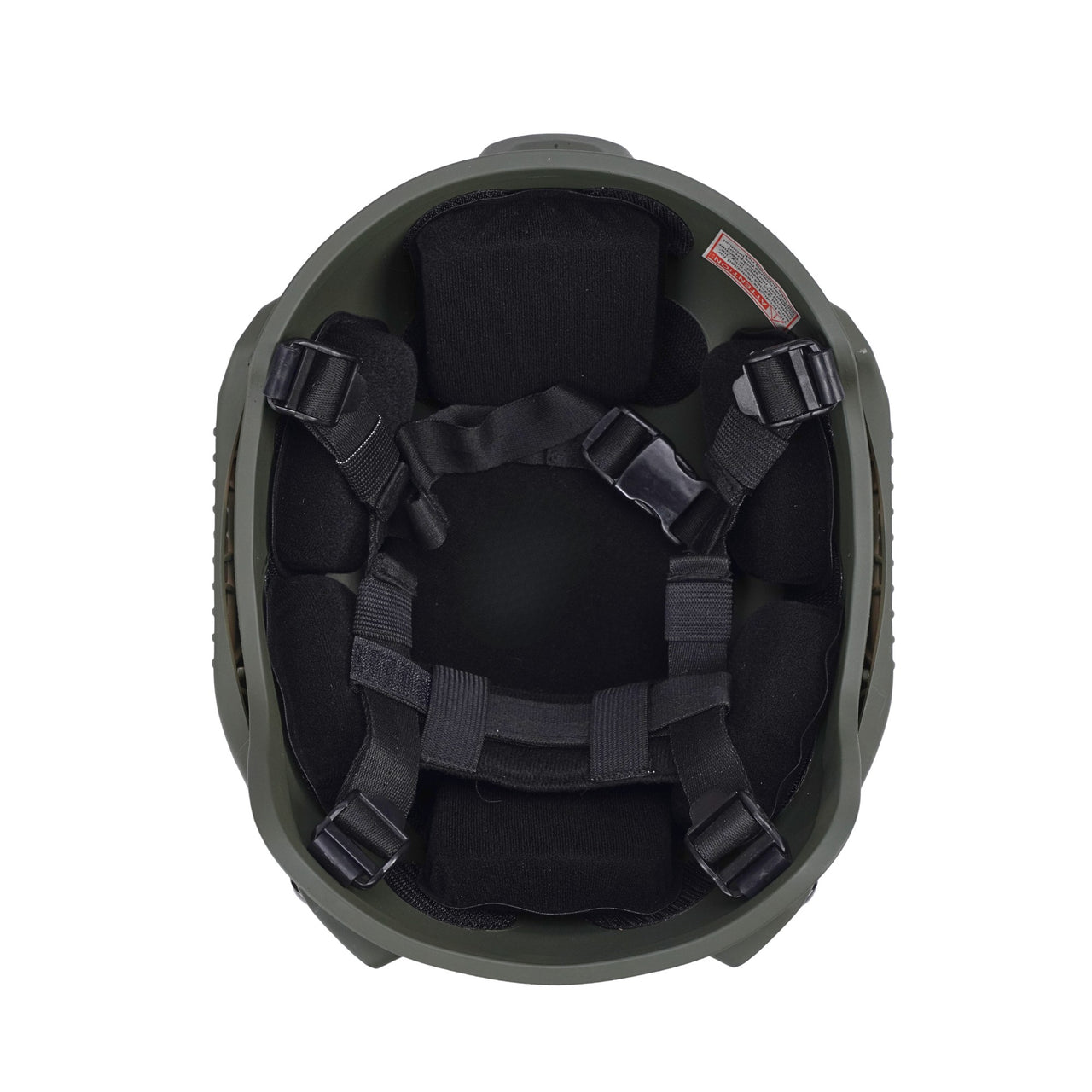 Inside view of olive green colour military MICH 2001 tactical helmet with rail and black interior memory foam padding and straps on a white background