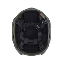 Thumbnail for Inside view of olive green colour military MICH 2001 tactical helmet with rail and black interior memory foam padding and straps on a white background