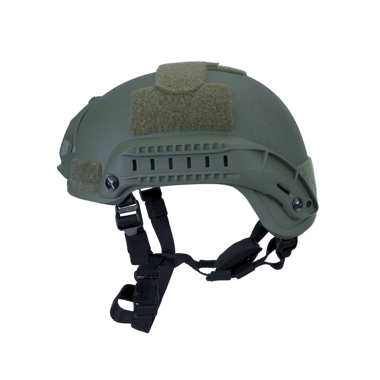 Side view of olive green colour MICH 2001 tactical helmet with rail and black straps on a white background