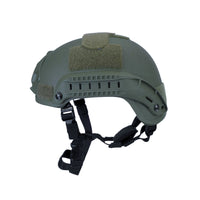 Thumbnail for Side view of olive green colour MICH 2001 tactical helmet with rail and black straps on a white background
