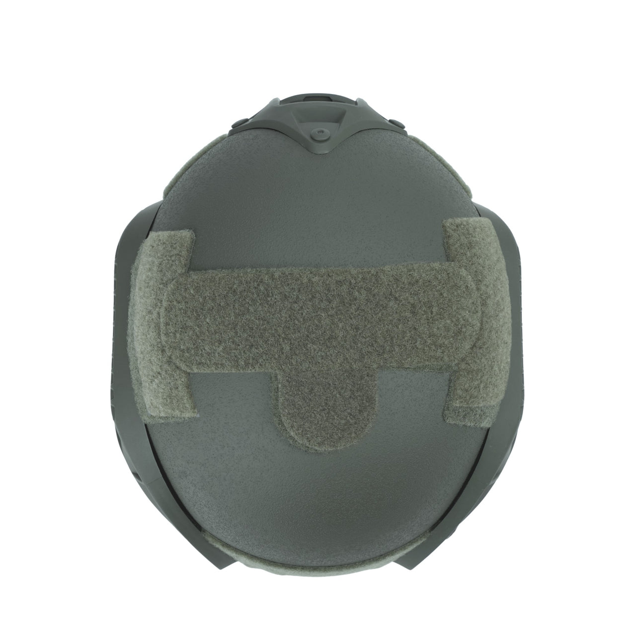 Top view of a olive green colour military MICH 2001 tactical helmet with rail on a white background