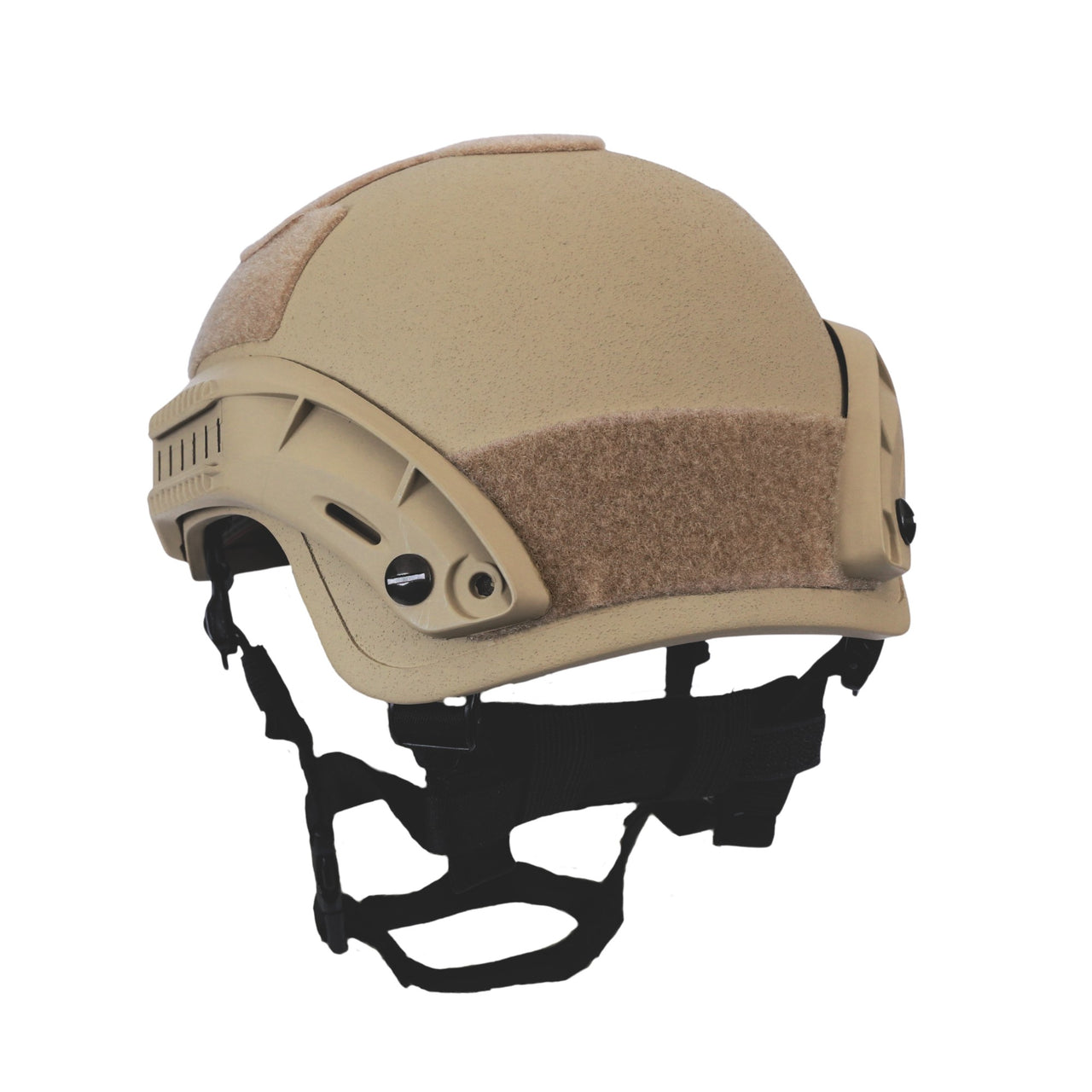 Back angle view of tan colour Military MICH 2001 tactical helmet with rail and black straps on a white background