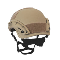 Thumbnail for Back angle view of tan colour Military MICH 2001 tactical helmet with rail and black straps on a white background
