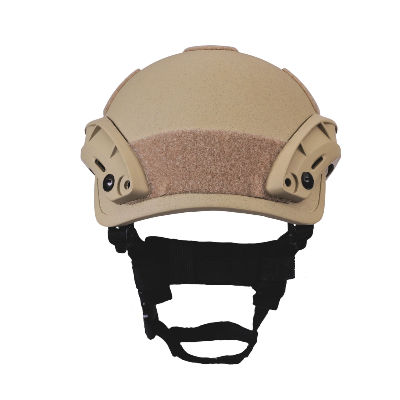 Back view of tan colour military MICH 2001 tactical helmet with rail and black straps on a white background