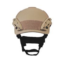Thumbnail for Back view of tan colour military MICH 2001 tactical helmet with rail and black straps on a white background
