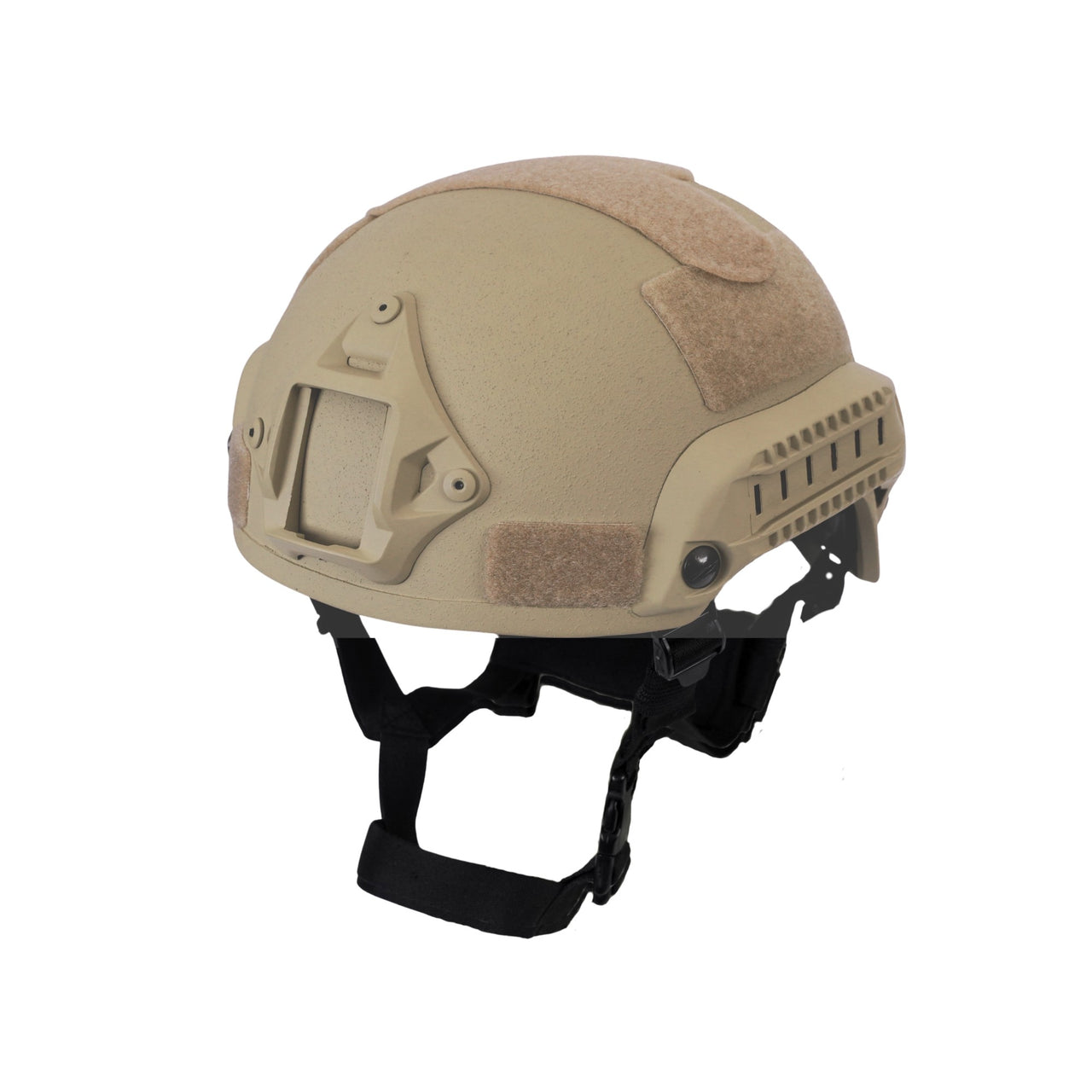 Tan colour tactical MICH 2001 helmet with rails and black straps on a white background