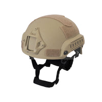 Thumbnail for Tan colour tactical MICH 2001 helmet with rails and black straps on a white background
