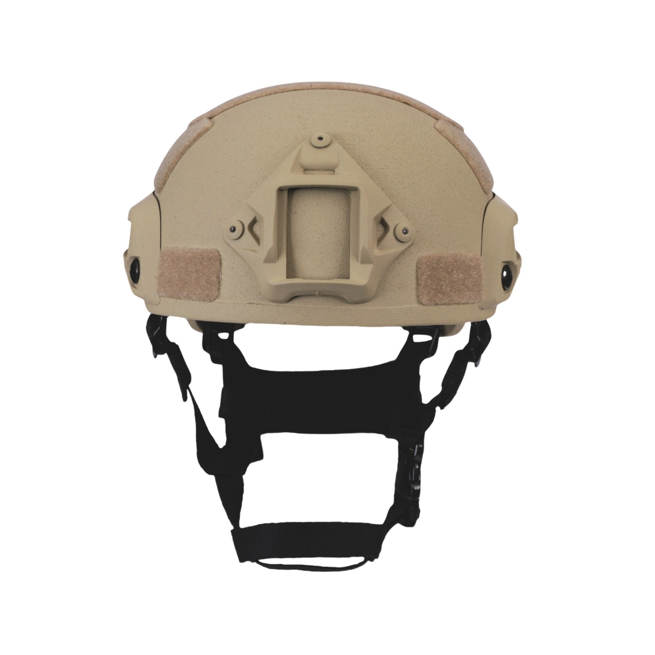 Front view of tan colour military MICH 2001 tactical helmet with rail and black straps on a white background