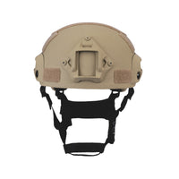 Thumbnail for Front view of tan colour military MICH 2001 tactical helmet with rail and black straps on a white background