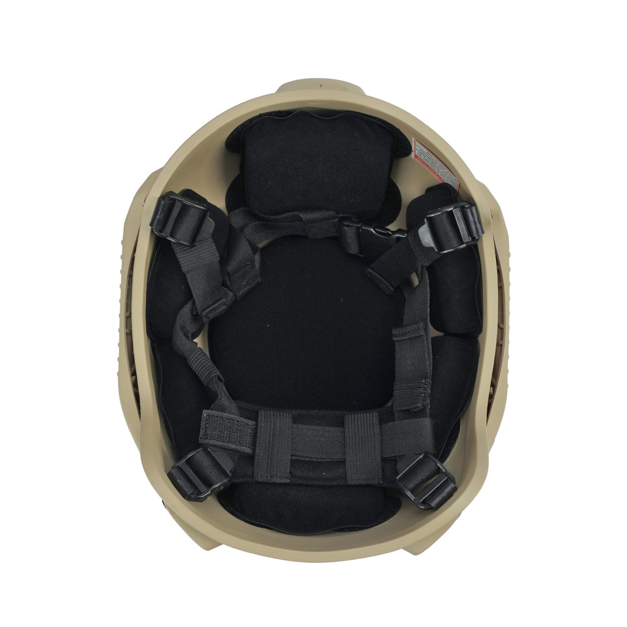 Inside view of tan colour military MICH 2001 tactical helmet with rail and black interior memory foam padding and straps on a white background