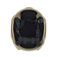 Thumbnail for Inside view of tan colour military MICH 2001 tactical helmet with rail and black interior memory foam padding and straps on a white background
