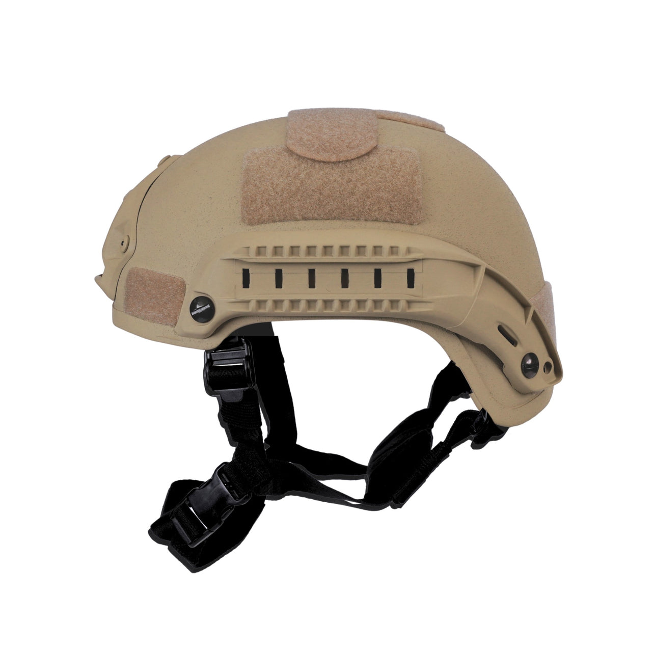 Side view of tan colour MICH 2001 tactical helmet with rail and black straps on a white background