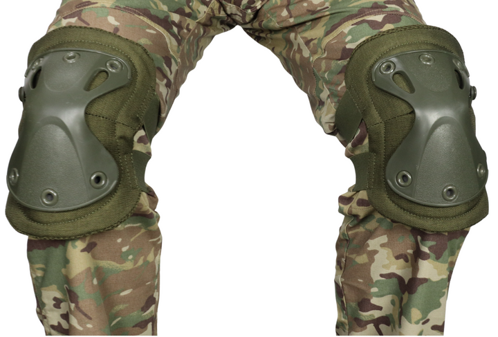Camouflage pants with protective knee pads on a white background