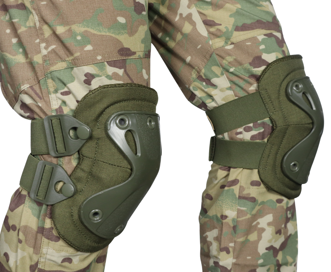 Olive Green knee pads on camouflage pants.
