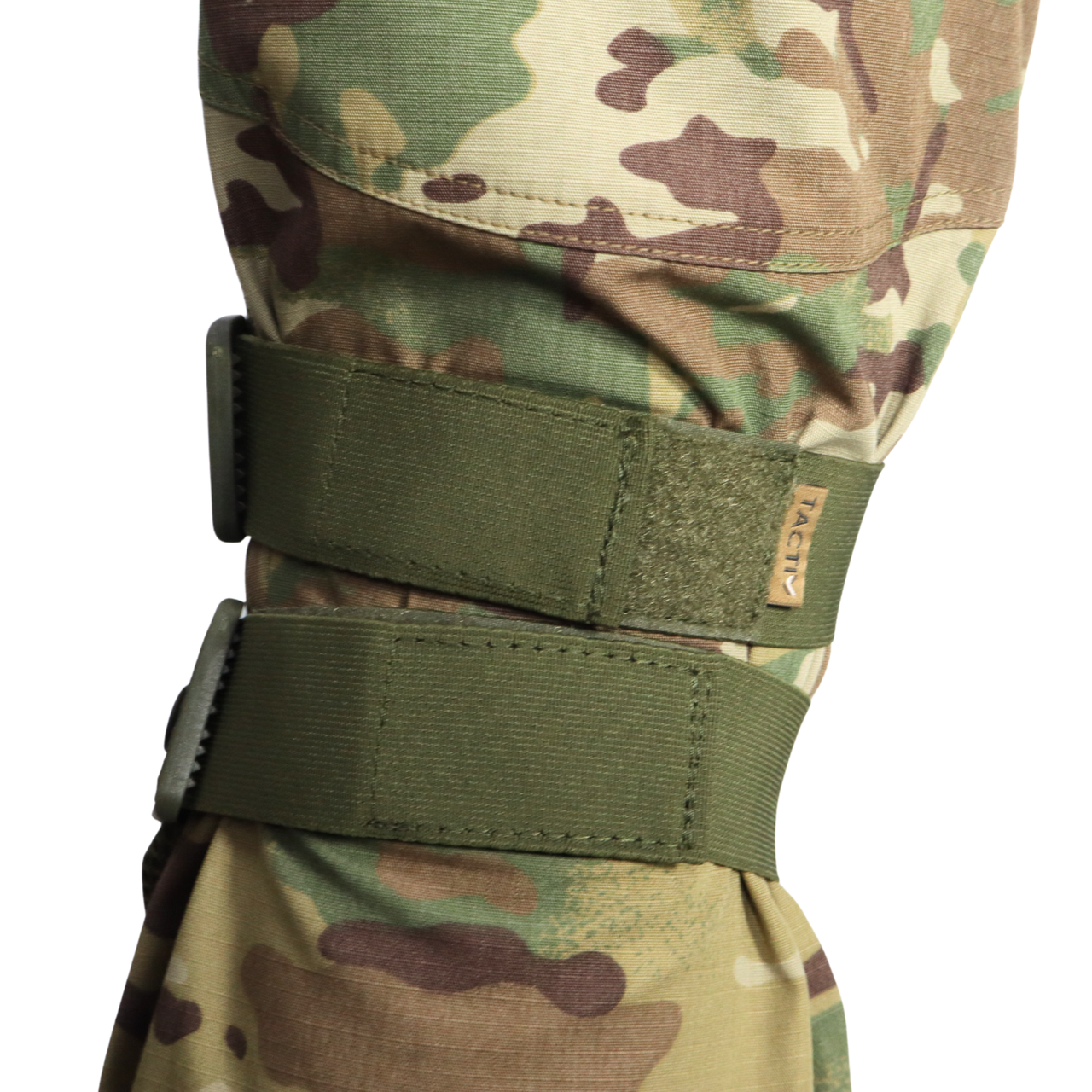 Close-up of green straps of knee pads and a visible tactiv brand logo on a white background.