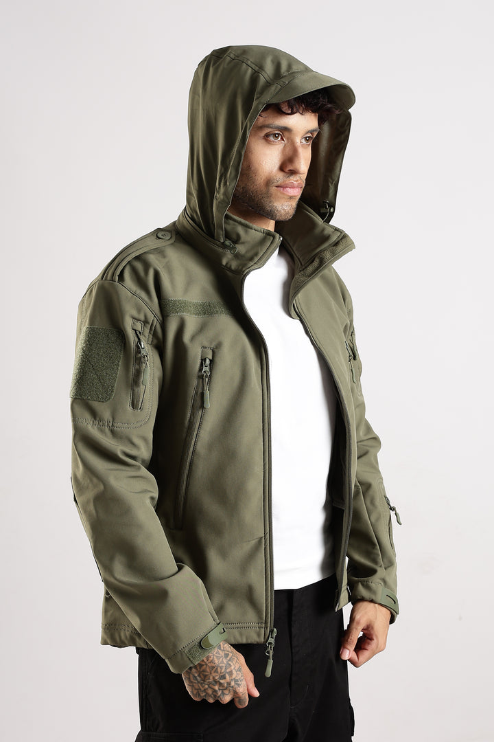 Tactical Softshell Military Jacket with Shoulder Flaps - Olive Green