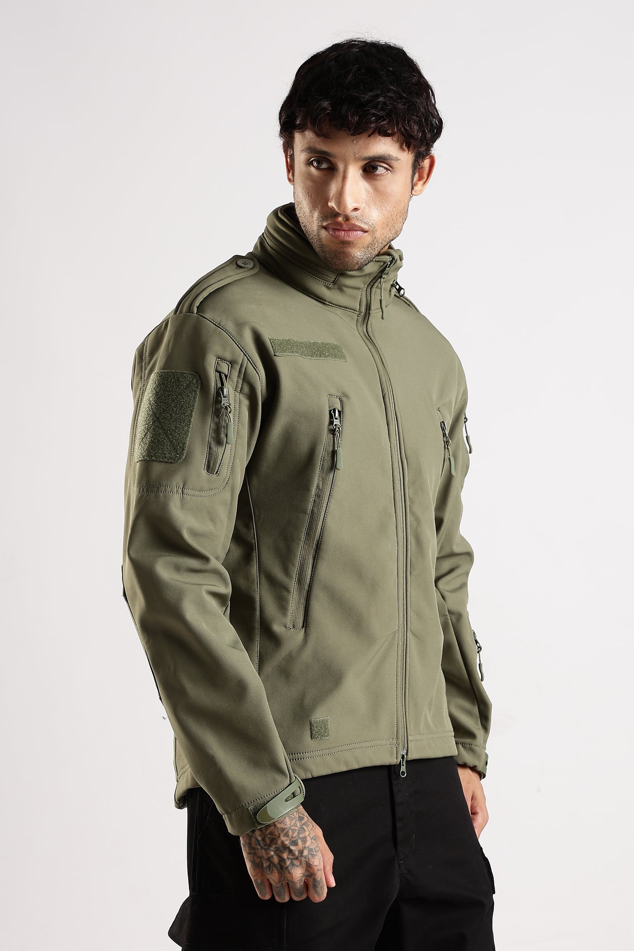 Tactical Softshell Military Jacket with Shoulder Flaps - Olive Green