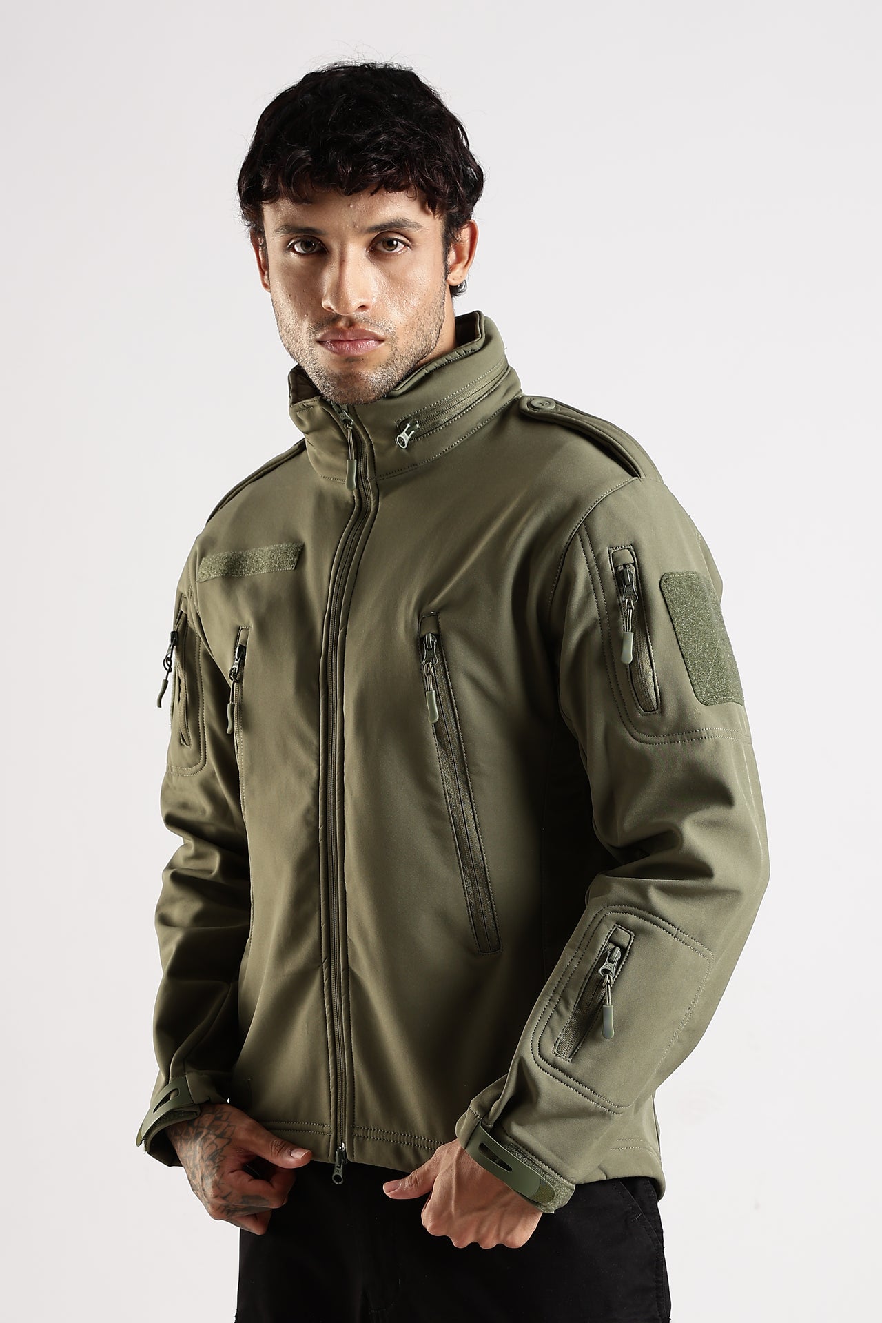 Tactical Softshell Military Jacket with Shoulder Flaps - Olive Green